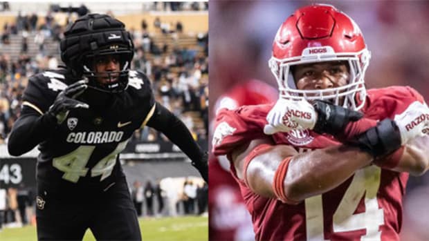 Former Arkansas defensive lineman Jordan Domineck is seen in both his Colorado Buffaloes and Razorback uniforms.